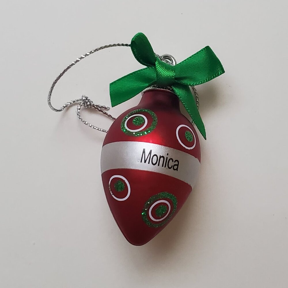 Personalized "Monica" Red & Green Teardrop Christmas Ornament or Gift Tag